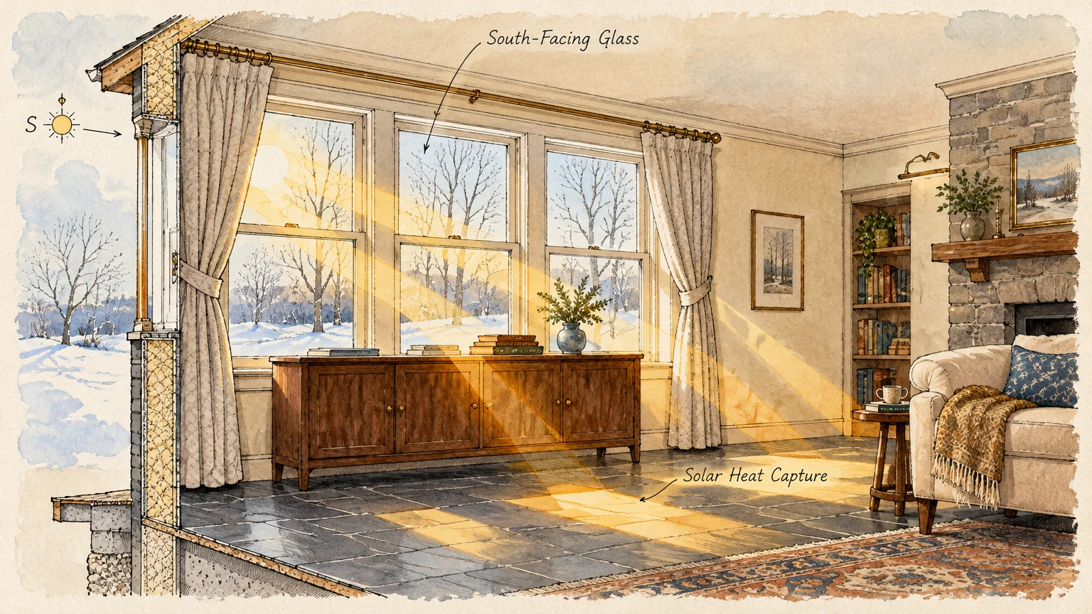 Watercolor cutaway illustration showing winter sunlight streaming through south-facing windows onto a stone floor.