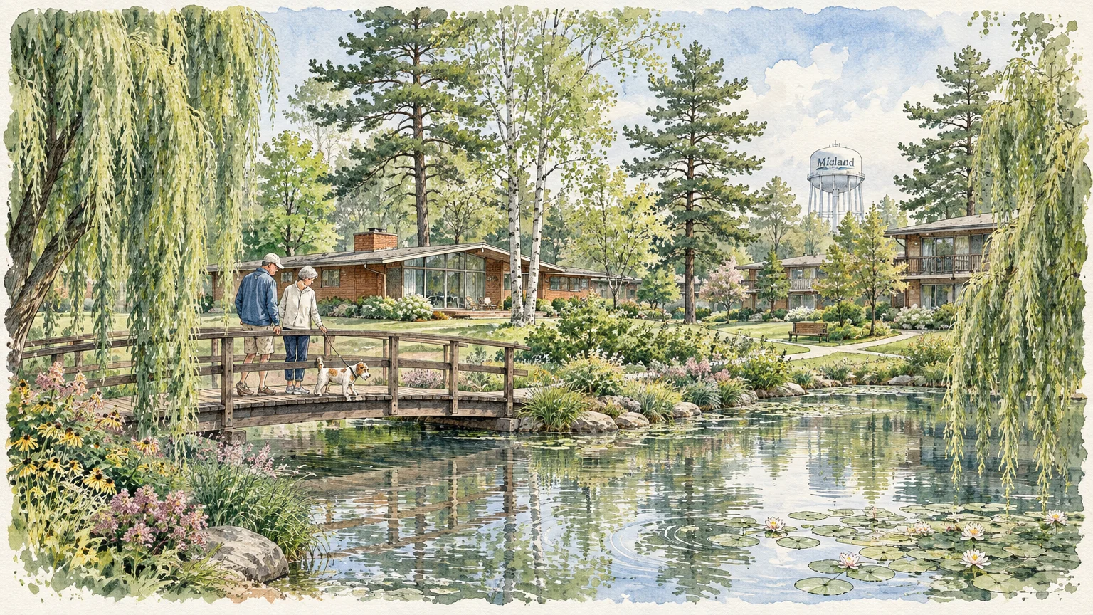 Watercolor illustration of a senior couple walking a dog across a wooden bridge over a pond near Mid-Century modern homes.