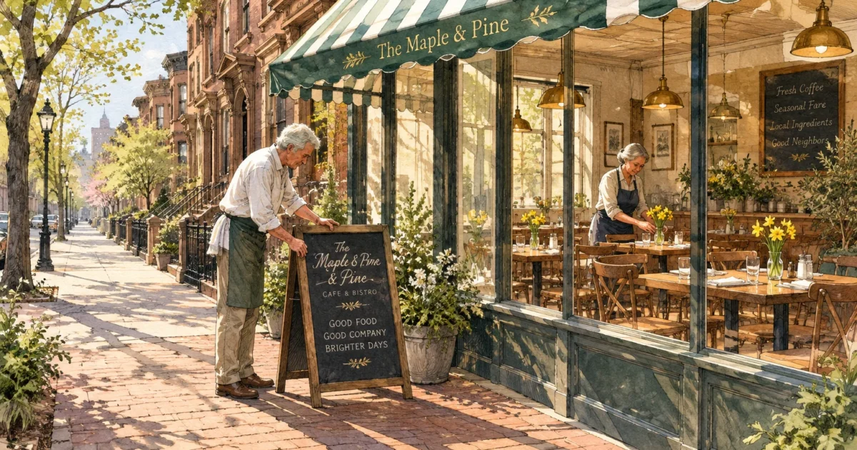Illustration of an older man placing a sidewalk chalkboard sign outside a cafe as an older woman sets tables inside.