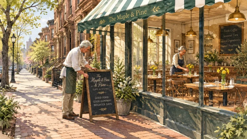 Illustration of an older man placing a sidewalk chalkboard sign outside a cafe as an older woman sets tables inside.
