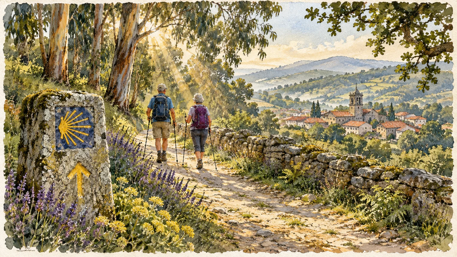 Watercolor illustration of two older hikers with backpacks walking a path past a Camino waypoint marker towards a village.