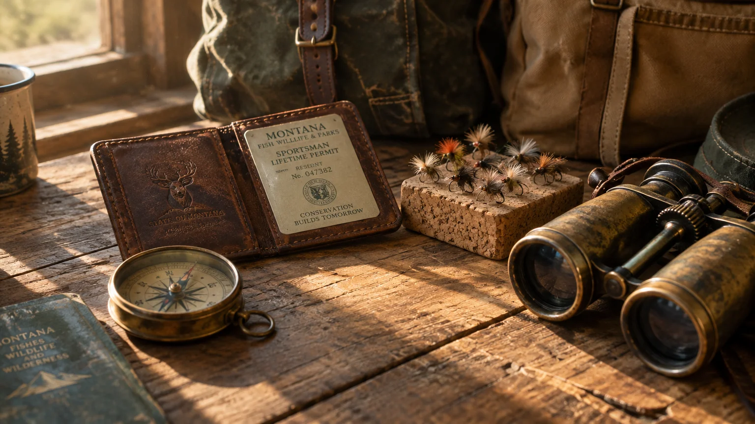 Montana sportsman lifetime permit in a leather case next to vintage binoculars, a compass, and fishing flies on wood.
