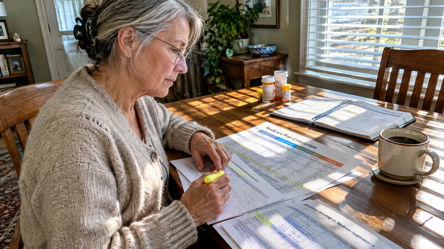 A senior woman reviews printed Medicare plan comparison charts with a yellow highlighter at a sunny wooden table.