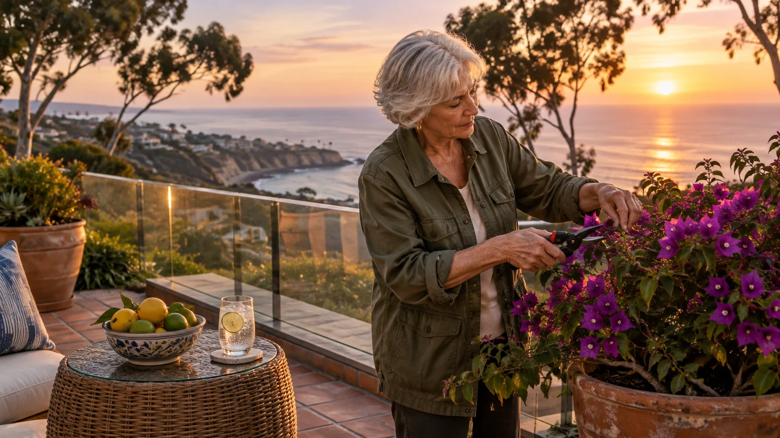 A senior woman trims potted purple bougainvillea on a scenic coastal balcony overlooking the ocean at sunset.