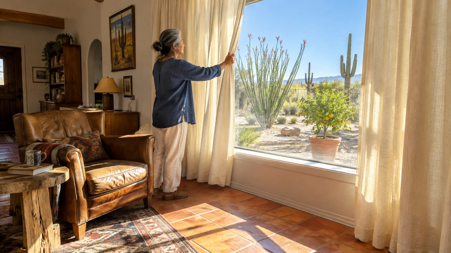 A woman opens cream curtains beside a leather armchair, looking out a large window at a sunny desert yard with cacti.