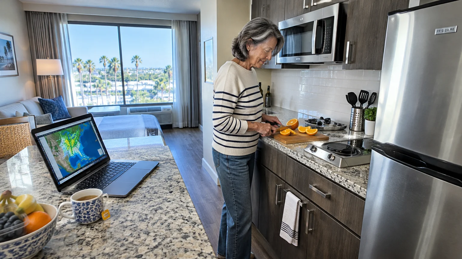 Senior woman slicing oranges in a hotel suite kitchen with granite counters, stainless appliances, and a laptop open nearby.
