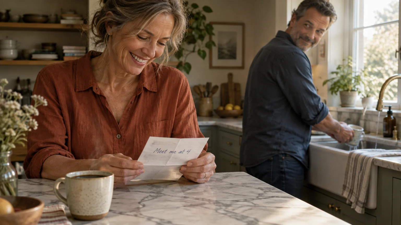 Smiling woman reading a handwritten note at a kitchen counter while a man washes dishes at the sink behind her.