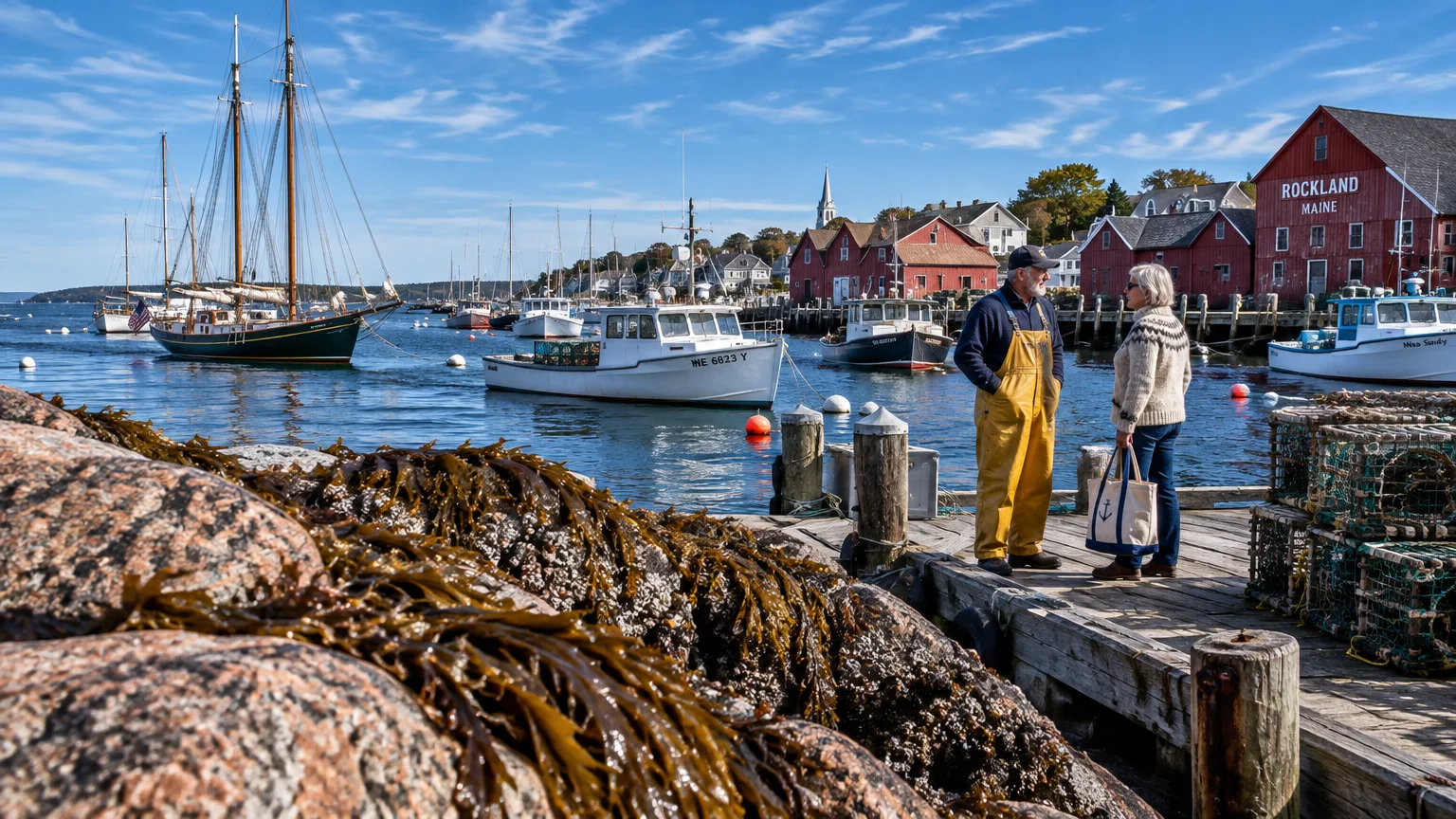 Two people talk on a wooden dock by lobster traps overlooking boats and red harbor buildings in Rockland, Maine.